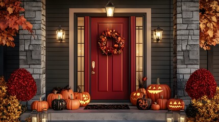 Obraz premium Autumn porch decor with Halloween pumpkins and festive wreath. Jack o' lanterns front yard of American home