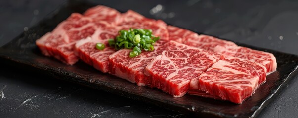 Fototapeta premium Freshly sliced marbled Kobe beef on black plate, garnished with herbs.