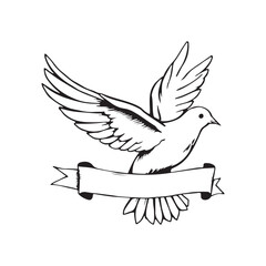 Dove flying with ribbon banner outline illustration on white background