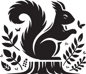 A black squirrel with a roundeye and long tail on white background