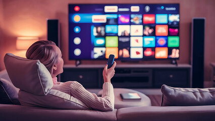 Woman Accessing OTT Content on Smart TV at Home