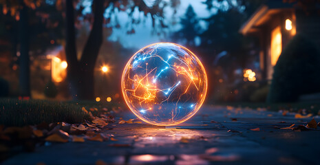 A glowing orb sits on a sidewalk in front of a house