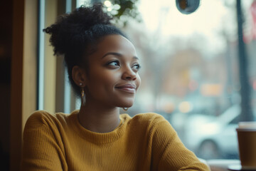 Obraz premium Black woman smiling thoughtfully at a cafe window