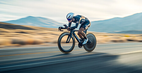 Naklejka premium A man is riding a bicycle on a road with a mountain in the background