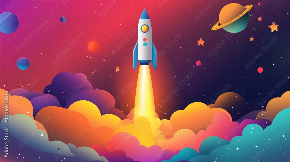 Poster rocket launch in colorful space scene with planets