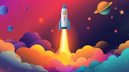 Rocket launch in colorful space scene with planets