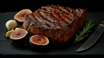 Obraz premium Juicy Tomahawk Steak with Rosemary and Fresh Figs
