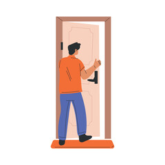 Man Character at the Door as Home Entrance Vector Illustration