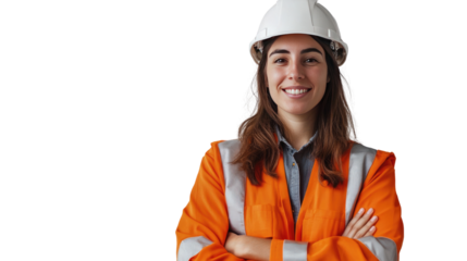 A smiling female construction worker wearing a yellow hard hat stands confidently on a job site, showcasing her role in the industry
