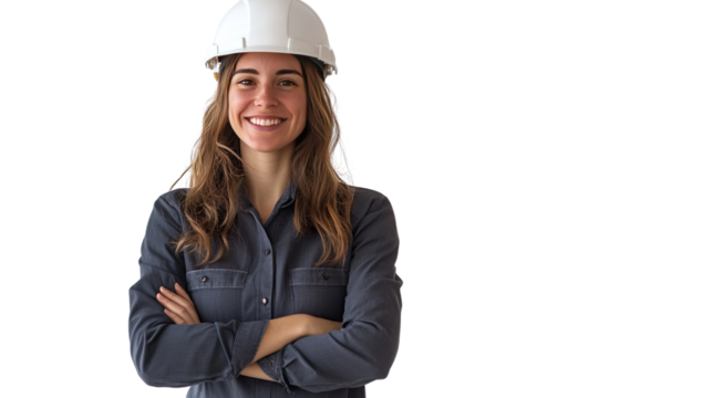 A smiling female construction worker wearing a yellow hard hat stands confidently on a job site, showcasing her role in the industry - Powered by Adobe