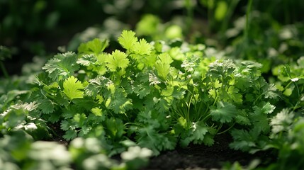 Cilantro, also known as coriander, is a vibrant herb with bright green, serrated leaves. Its stems are bundled together at the base, giving it a distinctive appearance. 