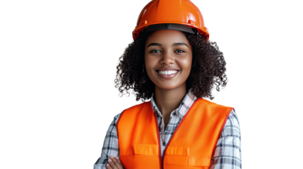 A smiling female construction worker wearing a yellow hard hat stands confidently on a job site, showcasing her role in the industry