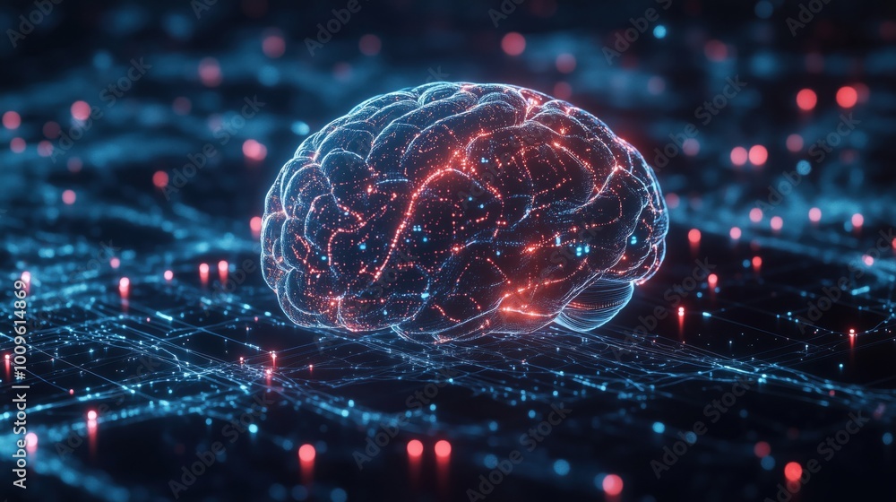 Poster digital brain with glowing neural connections and data grid