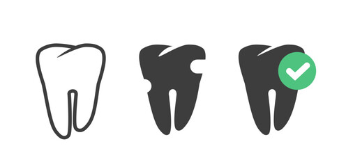 Tooth decay dental cavity or caries icon vector simple graphic pictogram illustration set, healthy teeth check mark sign symbol isolated cut out image clip art
