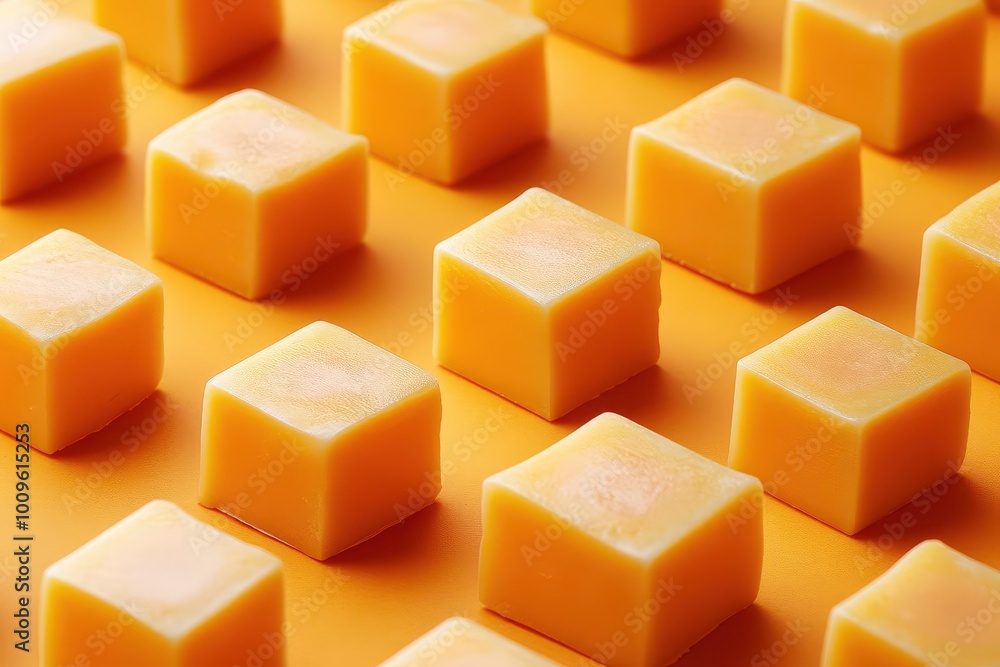 Poster minimalist pattern of cheese cubes in regular grid, playful repetition, cheese pattern, modern desig