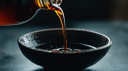 Delectable soy sauce is expertly poured from a bottle into a bowl, casting an appetizing sight on the black table. The close-up perspective captures the essence of this culinary moment.