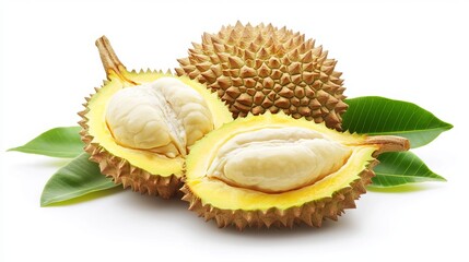 Naklejka premium Durian, a tropical delicacy known for its pungent aroma and creamy texture, is showcased in this isolated image. The halved fruit reveals its custard-like interior