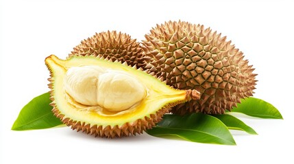Obraz premium Durian, a tropical delicacy known for its pungent aroma and creamy texture, is showcased in this isolated image. The halved fruit reveals its custard-like interior