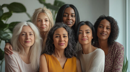 Obraz premium Group of diverse women of different ages and ethnicities smiling together in a natural setting