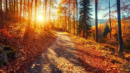 Fototapeta premium A dirt road meanders through the dense woodland, bathed in golden sunlight filtering through the verdant canopy above