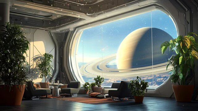 Futuristic space station lounge with large window view of planet and rings. Seamless looping 4K video background