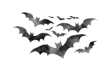 Halloween bats watercolor silhouette isolated on white background. Spooky group of bat hand drawn vector illustration