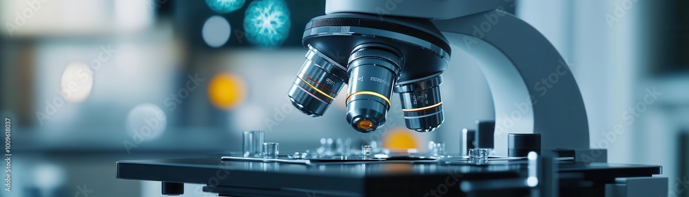 Poster close-up view of a microscope in a laboratory, showcasing intricate details and advanced technology 