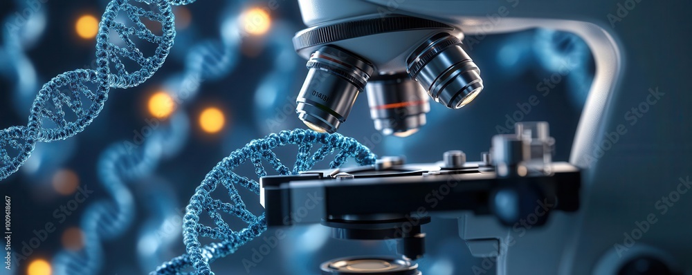 Poster close-up view of a microscope with dna strands highlighting advances in biotechnology and genetics r
