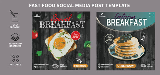 Obraz premium Breakfast restaurant business social media post or banner template design 