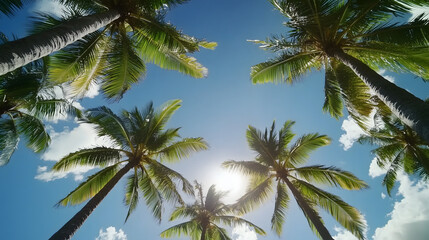 Obraz premium Vibrant Tropical Beach with Coconut Trees – A Lively Summer Vacation Scene