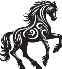 A black and white drawing of a horse with a black tail
