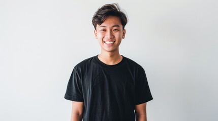 Obraz premium Handsome Young Asian Man Smiling in Black T-Shirt and Jeans.