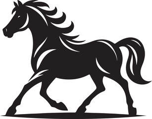 A black and white drawing of a horse with a black tail