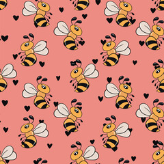 Seamless pattern with bees on color background. Small wasp. Vector illustration. Adorable cartoon character. Template design for invitation, cards, textile, fabric. Doodle style