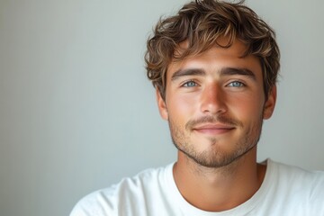 Fototapeta premium charming portrait of a handsome young man with a warm smile set against a plain white background the image exudes confidence and approachability perfect for personal branding