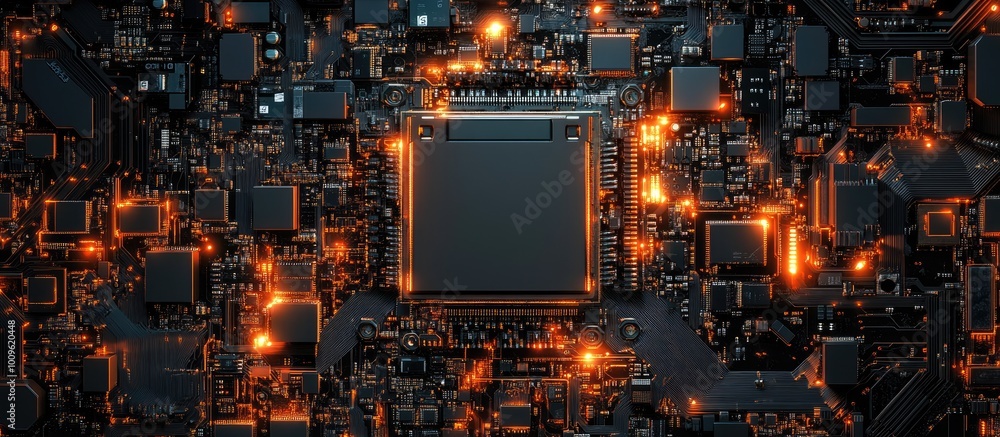 Poster a close-up view of an illuminated black circuit board with glowing orange lines and a central proces