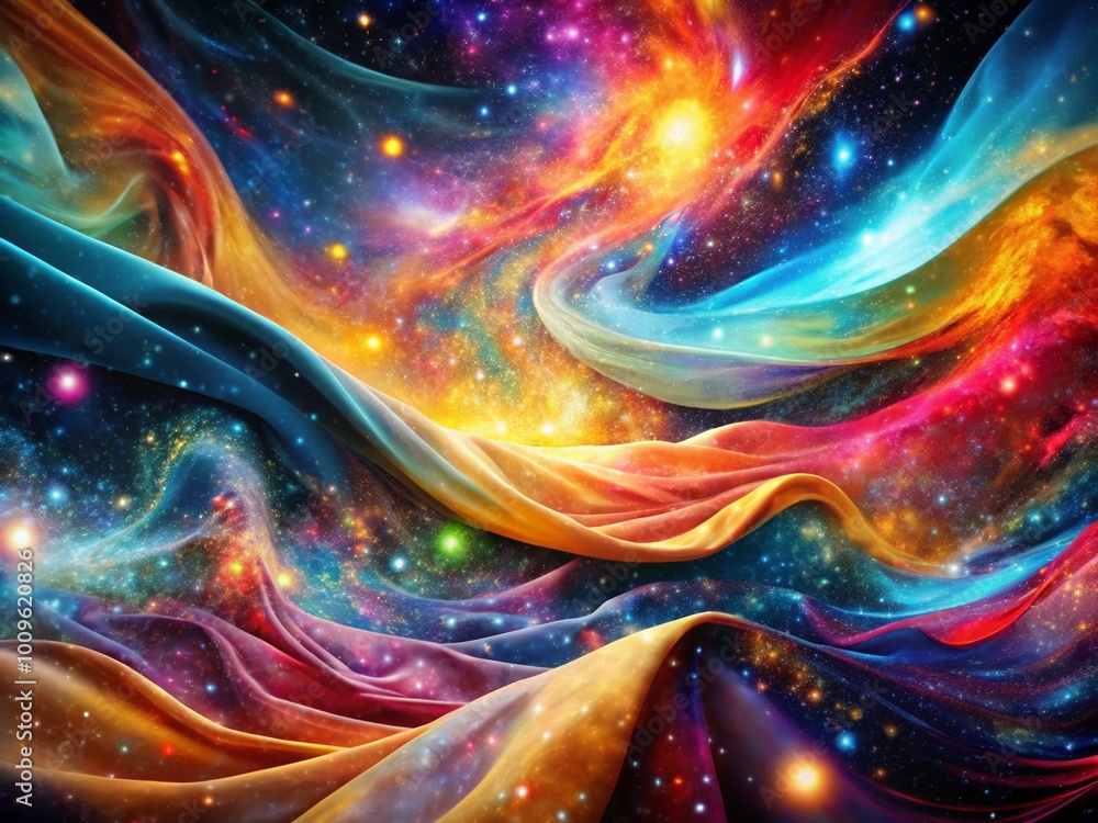 Poster abstract representation of spacetime fabric with cosmic elements and celestial patterns in motion
