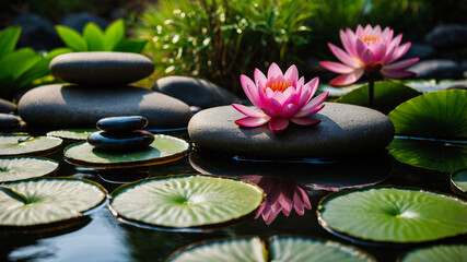 Two pink lotus flowers floating on a tranquil pond, with smooth zen stones stacked nearby. Serene and calming atmosphere.