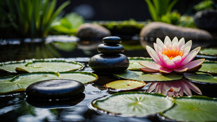 Pink lotus flowers floating in peaceful pond with zen stones