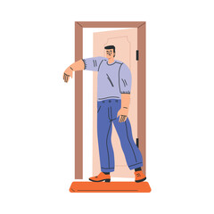 Man Character at the Door as Home Entrance Vector Illustration