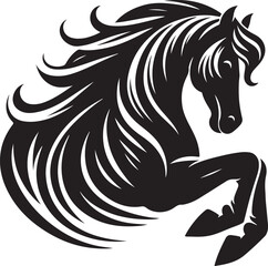 A black and white drawing of a horse with a black tail