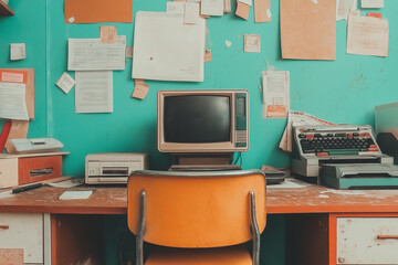 Vintage office desk with old computer, typewriter, and scattered papers