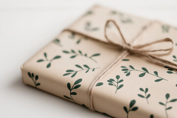 Gift box wrapped in floral paper with twine bow, eco-friendly and rustic design