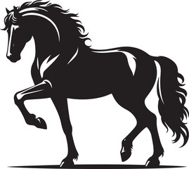 A black and white drawing of a horse with a black tail