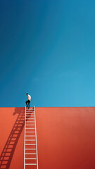 Photography of a man climbing a ladder to the roof.