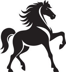A black and white drawing of a horse with a black tail