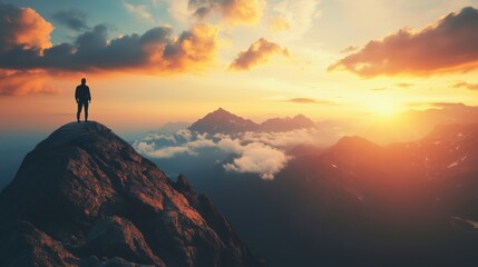 Mountain sunset view with silhouette of person