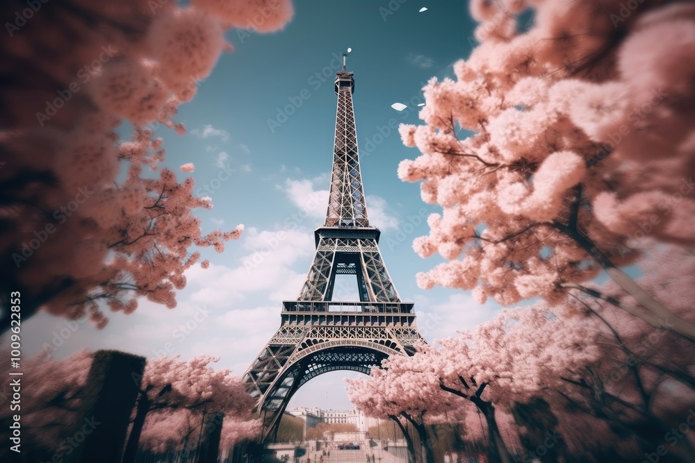 Poster an eiffel architecture building blossom.