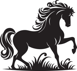 A black and white drawing of a horse with a black tail