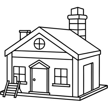 recommend clip art: Workshop Building Outline with Chimney and Toys in Windows line art vector
